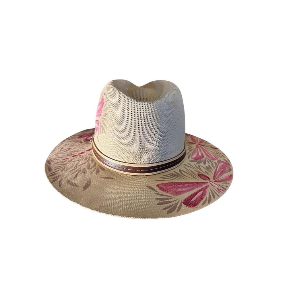 Mexican Artisanal Hand Painted Fedora Hat Pink Dragonfly-Beige M - Picture 16 of 16